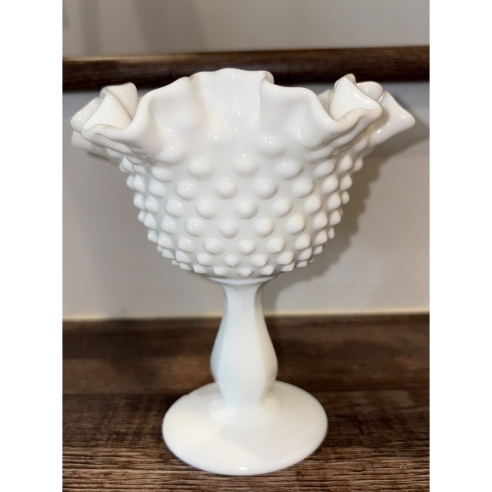 Vintage Large Fenton White Milk Glass Hobnail Pedestal Ruffled Compote Bowl
